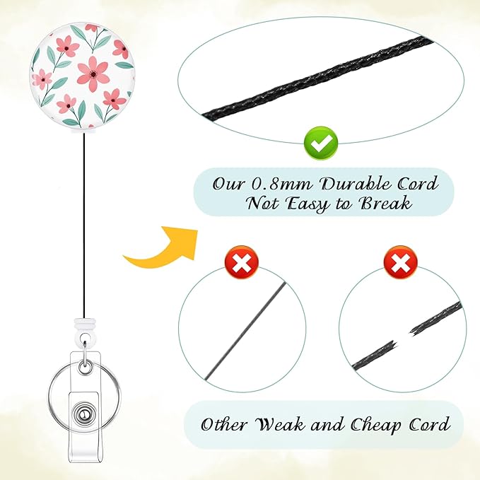 BESARME 3 Pack Badge Reels Retractable Badge Clip with Key Ring Retractable Badge Holders for Office Worker Teacher Nurse Student（Flower）
