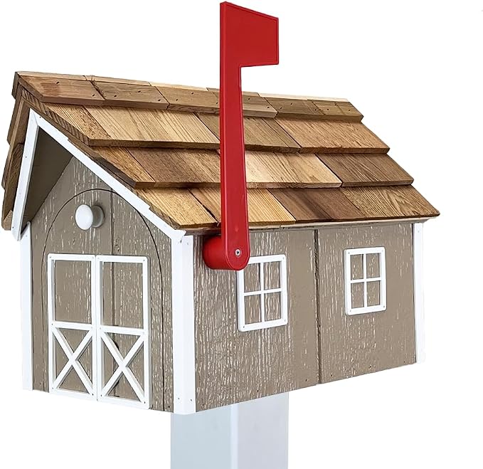 Peaceful Classics Amish Cedar Roof Wooden Mailbox with Window & Door Trim, Handcrafted Mailboxes for Outside, Post Mount Residential Mailboxes - (Clay & White, Wood)