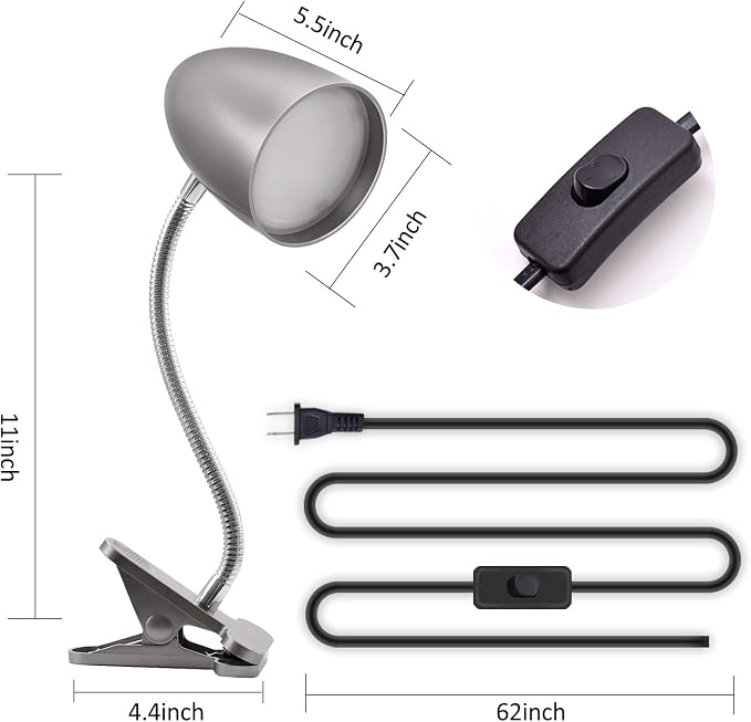 E ENERGETIC LIGHTING Desk lamp with Clamp, Non-Dimmable Clip Light for Bed and Desk, 4000K Cool White, 3.5W 240 LM lamp, Eye Protection, ETL Listed