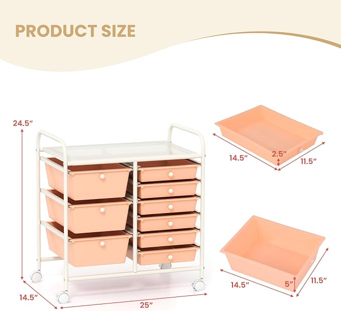 9 Drawer Rolling Storage Cart, Rolling Cart with Drawers for Classroom, Art Supply Craft Organizer on Wheel with Metal Frame & Handles for Home Office School