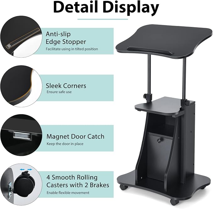 Tangkula Mobile Laptop Podium, Height Adjustable Sit to Stand Desk with Tilting Desktop & Storage Cabinet, Ergonomic Rolling Lectern Cart Laptop Desk, Office Podium Stand on Wheels