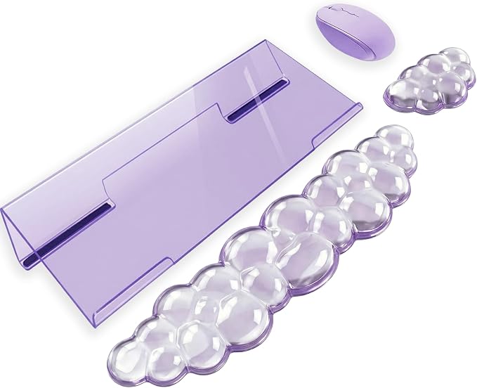 Acrylic Computer Keyboard Stand with Gel Cloud Wrist Rest Keyboard Riser with Comfortable Clear Silicone Mouse Wrist Pad Ergonomic Tilted Transparent Keyboard Holder for Desktop Office Purple