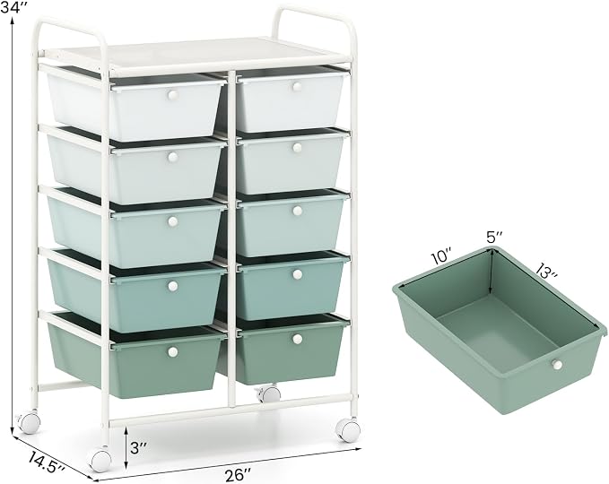 GLACER 10 Drawer Rolling Cart, Storage Cart with Lockable Whieels & Metal Frame, Trolley for Art Craft Oganizer, Mobile Utility Cart for Office, School, Classroom, Kitchen (Green Gradient)
