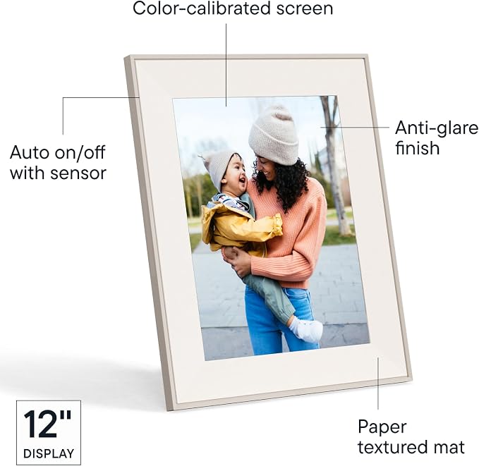 Aura 12" HD WiFi Digital Picture Frame – Free Unlimited Cloud Storage – Send Photos from Phone – No Subscription – Auto On/Off – Gift for Parents & Grandparents (White Mat, 12")