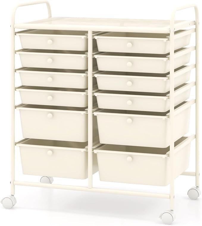 COSTWAY 12-Drawer Rolling Storage Cart, Moveable Art Craft Organizer | Lockable Wheels, Metal Shelf, Files Arrangement Tools Makeup Storage Cart for Office, Home, School (White)