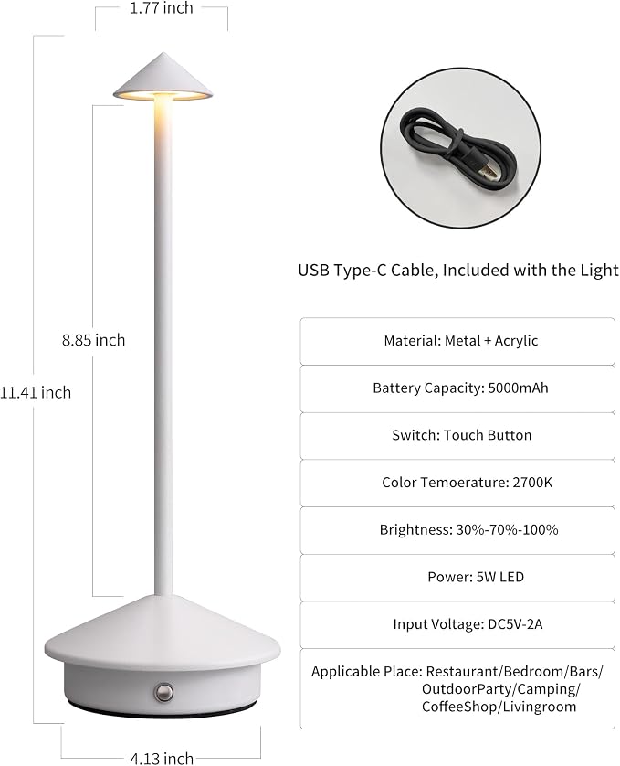 Modern Cordless Table Lamp Set of 2, White Portable LED Desk Lamps | 5000mAh, Rechargeable, Battery Operated Lighting for Bedroom, Dining Room, Restaurant, Coffee Shop, Camping, Night Light