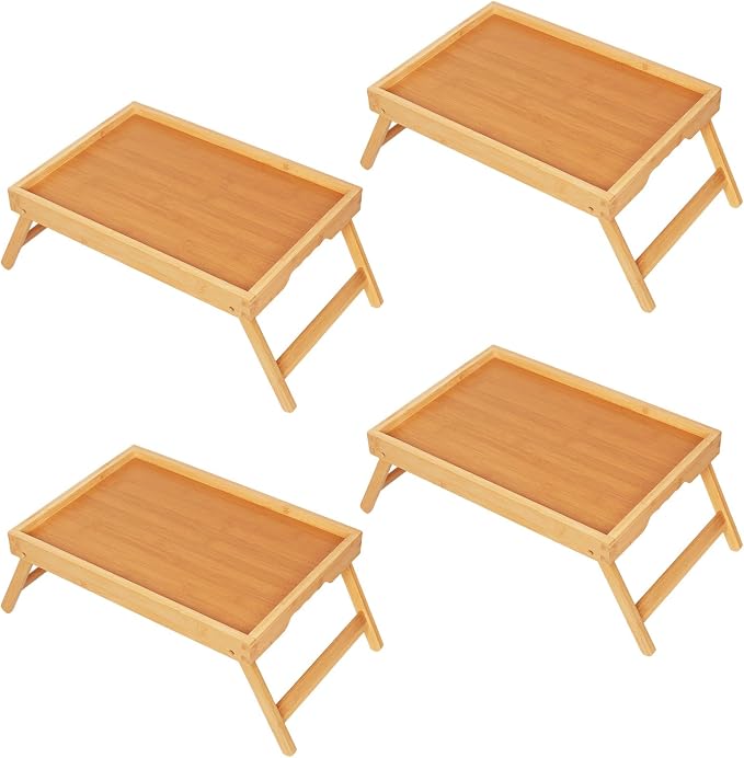 Youpehom Bamboo Bed Tray Tables with Folding Legs, Medium, 4-Pack, Bamboo | Four bamboo bed trays with folding legs and handles for family meals, guests, reading, laptop use and everyday serving.