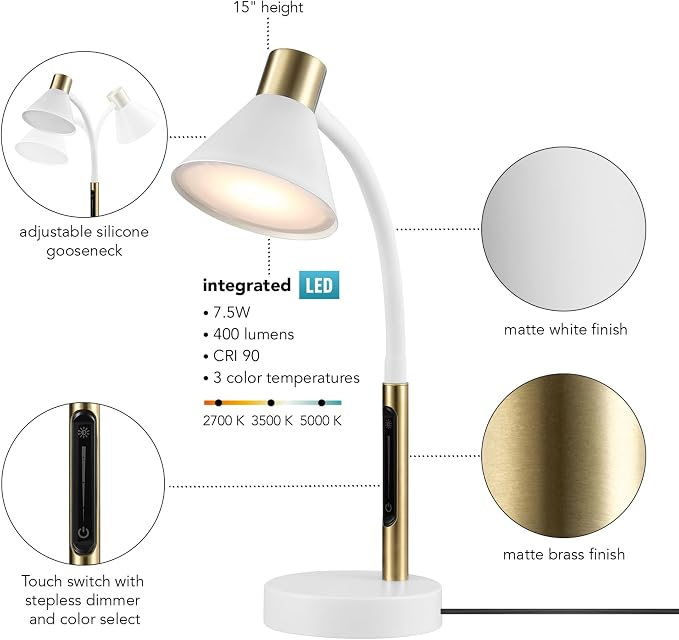 Globe Electric 15" LED Integrated Matte White Desk Lamp with Matte Brass Accent and Adjustable Silicone Gooseneck