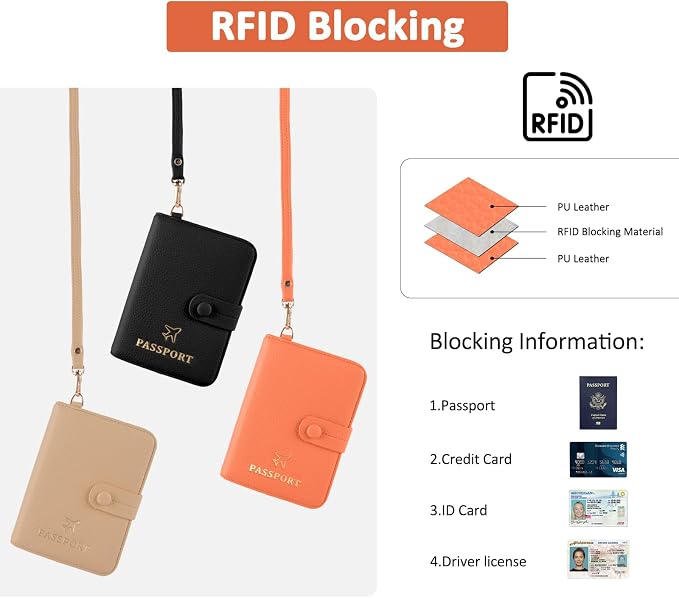 Passport Holder RFID Protected Wallet and Luggage Tag with Protection Cover Travel Accessories Leather Card Case Organizer for Women Men (Orange)