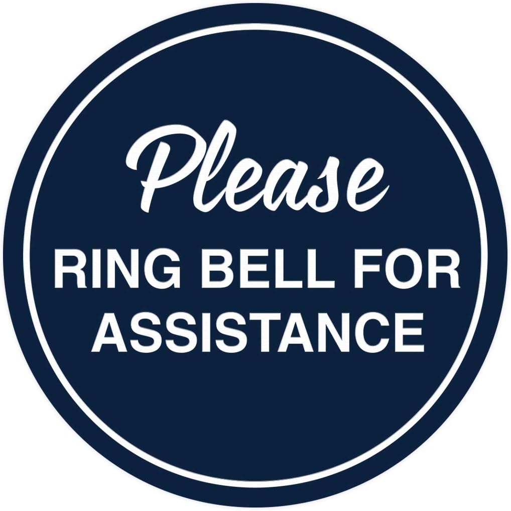 Signs ByLITA Circle Please Ring Bell For Assistance Wall or Door Sign | Easy Installation | Front Desk Reception Sign (Navy Blue/White) - Medium (10 Pack)
