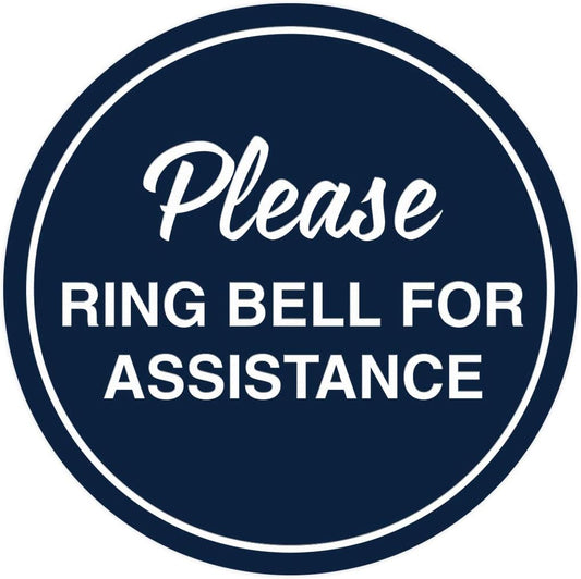 Signs ByLITA Circle Please Ring Bell For Assistance Wall or Door Sign | Easy Installation | Front Desk Reception Sign (Navy Blue/White) - Medium (10 Pack)
