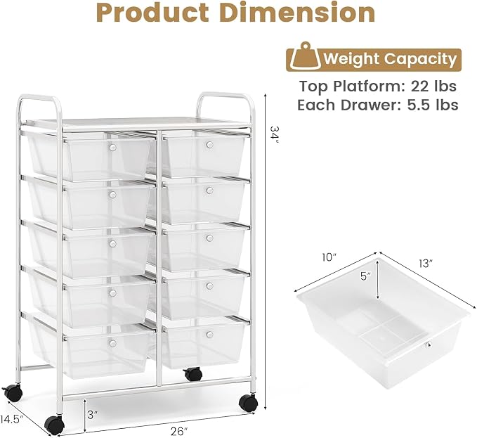 10 Drawer Rolling Cart, Storage Cart Organizer on Wheels, Drawer Cart with Metal Frame & Large Storage Capacity, Rolling Cart with Drawers for Living Room Classroom, Office