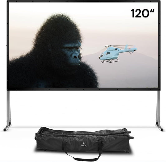 AWOL VISION Folding Outdoor Projector Screen with Stand (120 inches), Portable 16:9 4K HD Rear Front Movie Screen with Carry Bag for Theater Backyard Movie Night,Cinema School