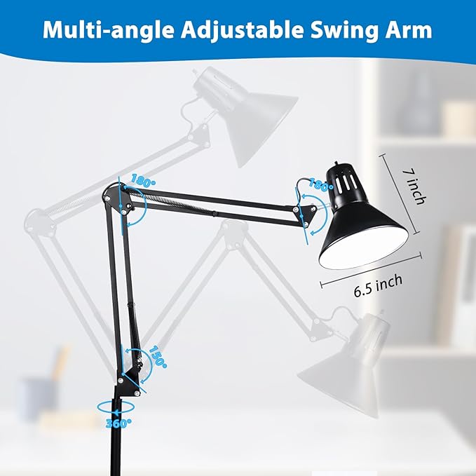 Swing Arm Desk Lamp for Home Office 360°Adjustable | Tall Metal Clamp on lamp with Bulb,Eye-Caring Clip on Desk Light for Computer Work Study Reading and Drafting