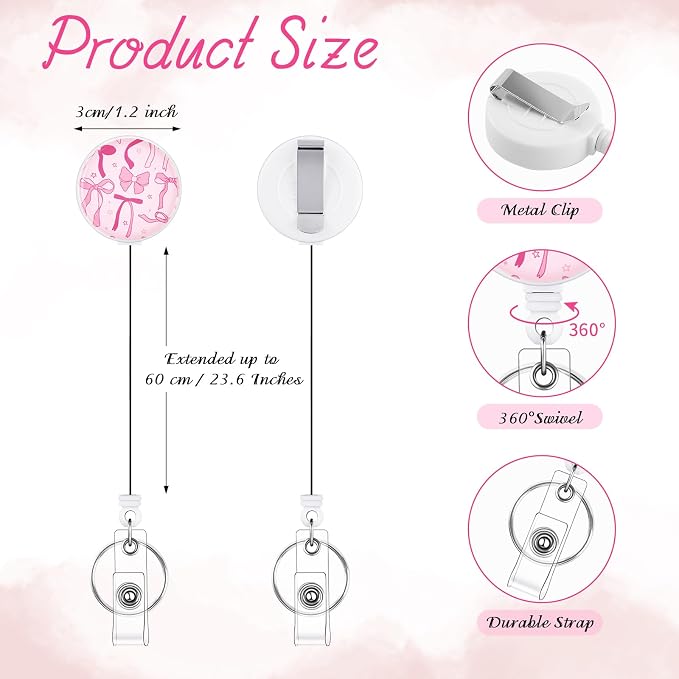 BESARME 3 Pack Bow Badge Reels Retractable Badge Clip with Key Ring Retractable Badge Holders for Office Worker Teacher Nurse Student（Pink Bow）