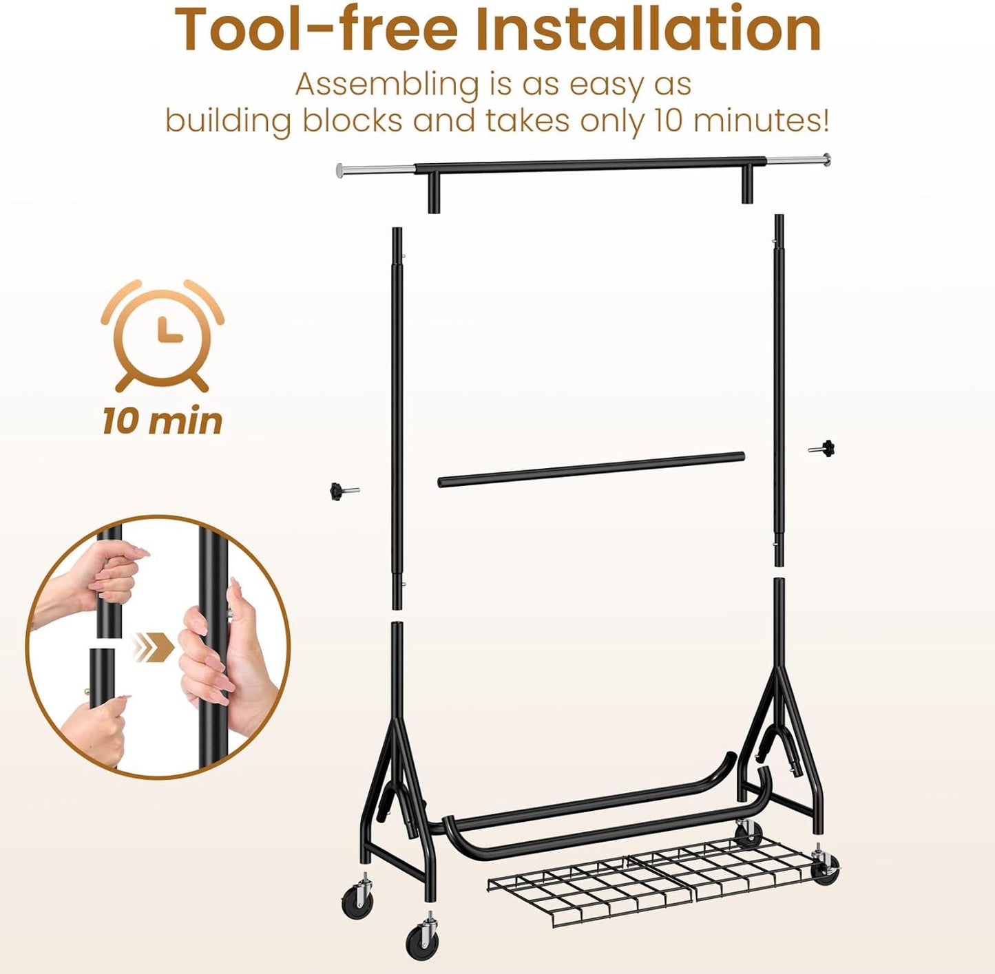 Heavy Duty Clothes Rack for Hanging Clothes, Double Rods Clothing Rack with Lockable Wheels, Rolling Garment Racks with Shelf, Easy to Assemble, Black