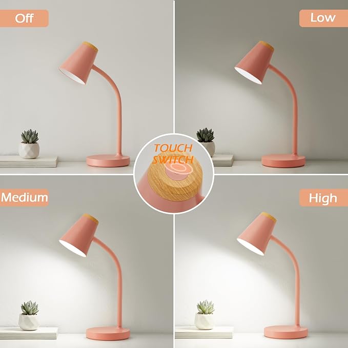 EJIAXIN Desk Lamps for Home Office - Small LED Desk Lamp Touch Dimmable Reading Light for College Dorm Room - Adjustable Flexible Gooseneck Table Lamp for Bedside Bedroom Nightstand Pink