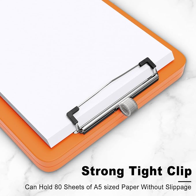 Hongri A5 Clipboard with Storage, Metal Retractable Pen Holder, Orange | 6 x 9'' Nursing Plastic Foldable Clip Board, Size 9.4 x 6.1 x 0.9 in, Menu Box for Work, Office & School Supplies