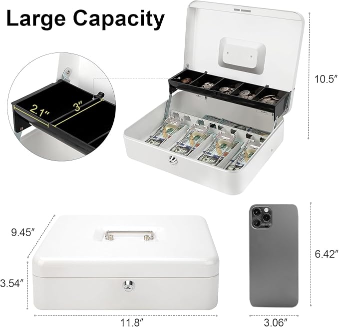 Jssmst Locking Large Metal Cash Box with Money Tray, Money Box with Key Lock, White, SM-CB0504L