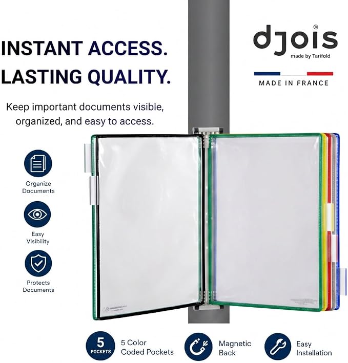 Tarifold Magnetic Wall Mount Reference System, 5 Pockets, Assorted | 5 double-sided PVC pockets hold 10 letter-size sheets, magnetic mounting plate, snap-on index tabs, easy to install