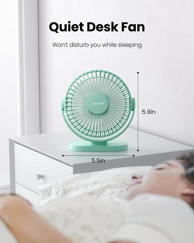 Gaiatop USB Desk Fan, 5.5 Inch Small Quiet Powerful 3 Speeds 90° Rotate, Personal Mini Portable Desktop Table Fans, Cooling for Home Office Car Travel Indoor Outdoor Green