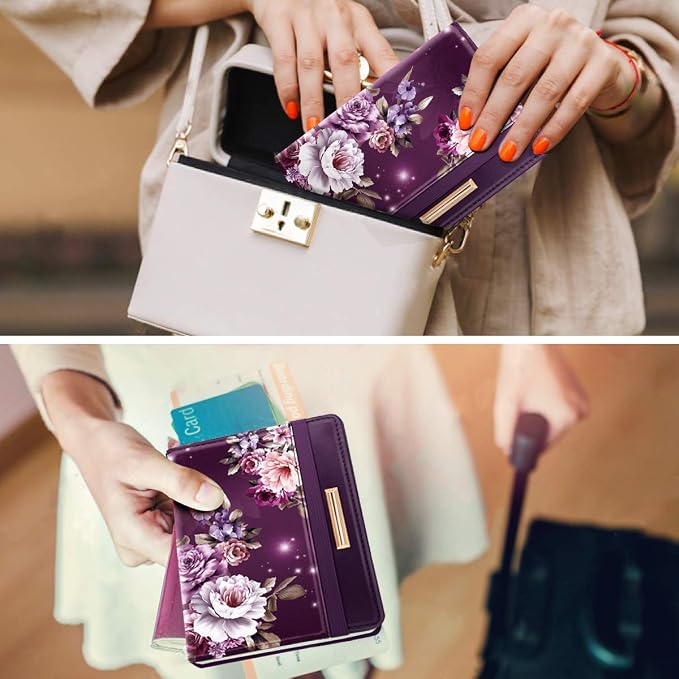 Coco Rossi Passport Holder for Travel Women Slim RFID Passport Cover Wallet | Travel Essentials, Passport Book Holders, Passport Wallet Cover Case, PU Leather, Cute, Thin, Spliced Design, Purple Flower