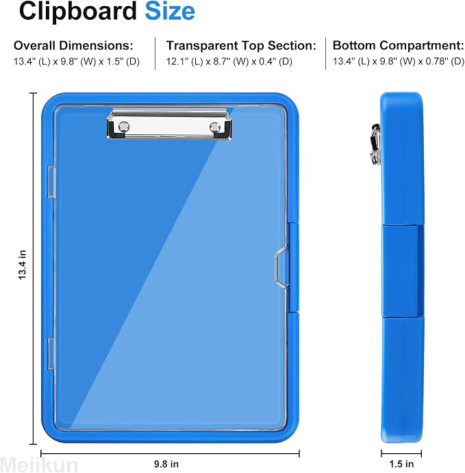 Meiikun Clipboard with Storage, Clip Boards 8.5x11 with Dual Storage, Plastic Clipboards Clear Visible Dry Erase Top Panel, High Capacity Clip Board Organizer for Work School Office (Sapphire Blue)