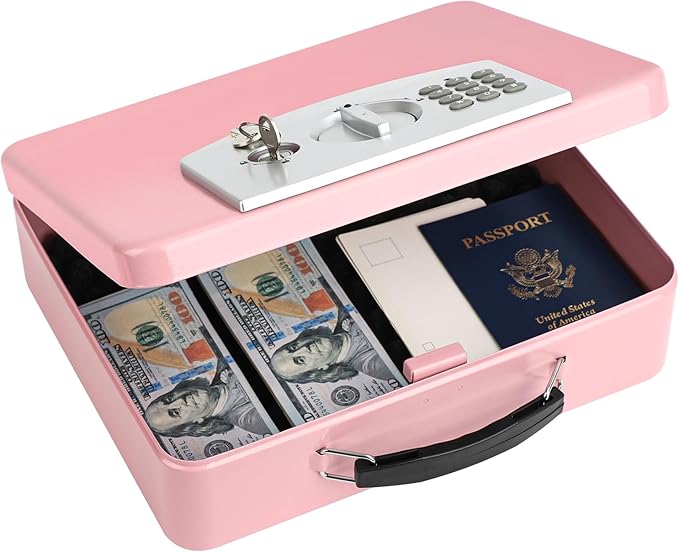 KYODOLED Pink Safe Box with Digital Keypad Lock, Lock Box with Code for Personal Items, Metal Security Box for Cash, Passport, Jewelry, Ideal for Home, Office, Garage Sale, 11.8'' x 9.4'' x 3.5''