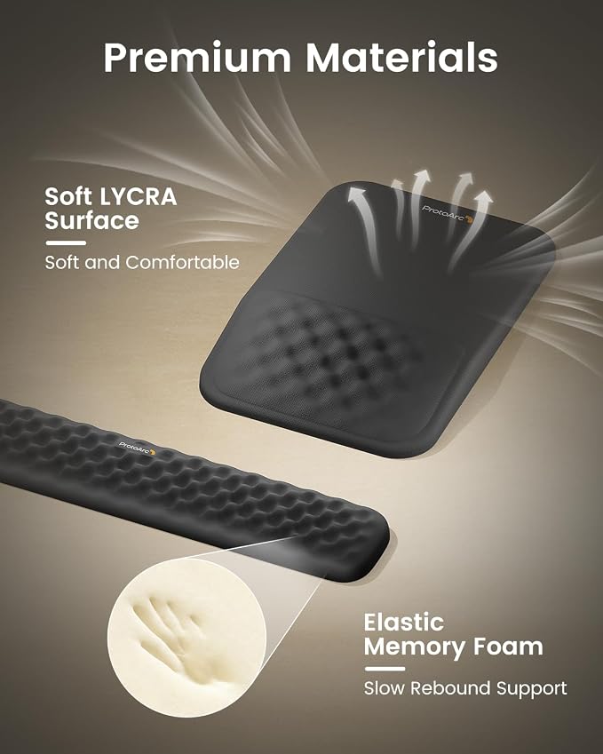 ProtoArc KMP50 Ergonomic Mouse Pad with Wrist Rest, Lycra Surface, Black | 8° slope & massage points with slow-rebound memory foam, Non-slip base. Relieves wrist strain for office & home