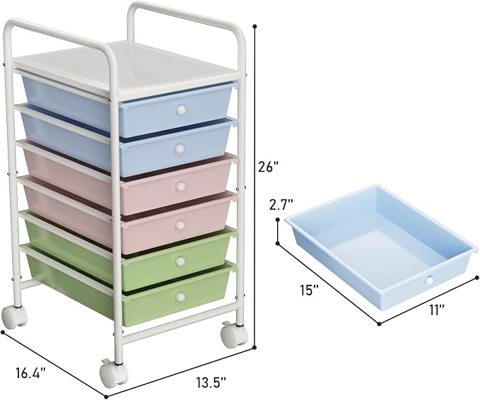 Rolling Storage Cart with Drawers 6-Tier Office Colorful | Utility Cart with 6 Drawers & 2 Lockable Caster Wheels, Multipurpose Mobile Drawer Cart for School Bathroom Kitchen