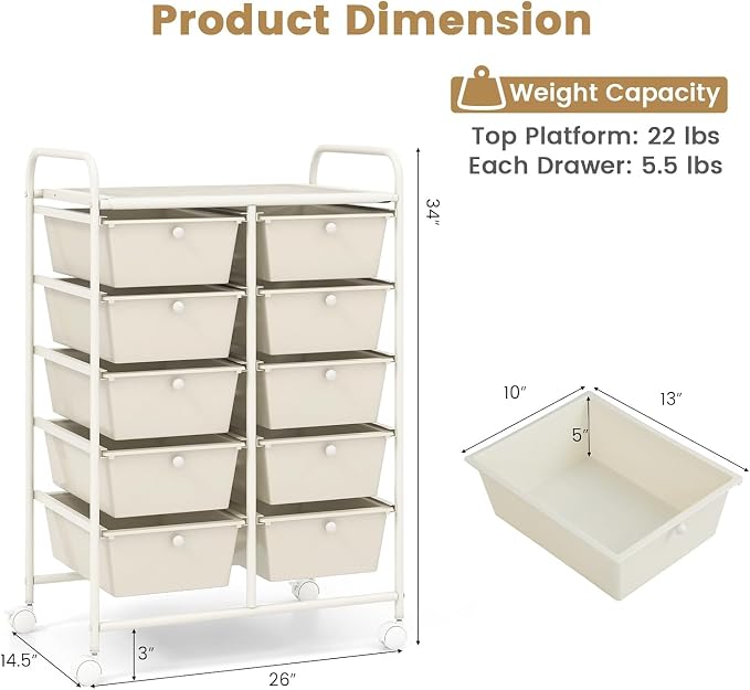 10 Drawer Rolling Cart, Storage Cart Organizer on Wheels, Drawer Cart with Metal Frame & Large Storage Capacity, Rolling Cart with Drawers for Living Room Classroom, Office