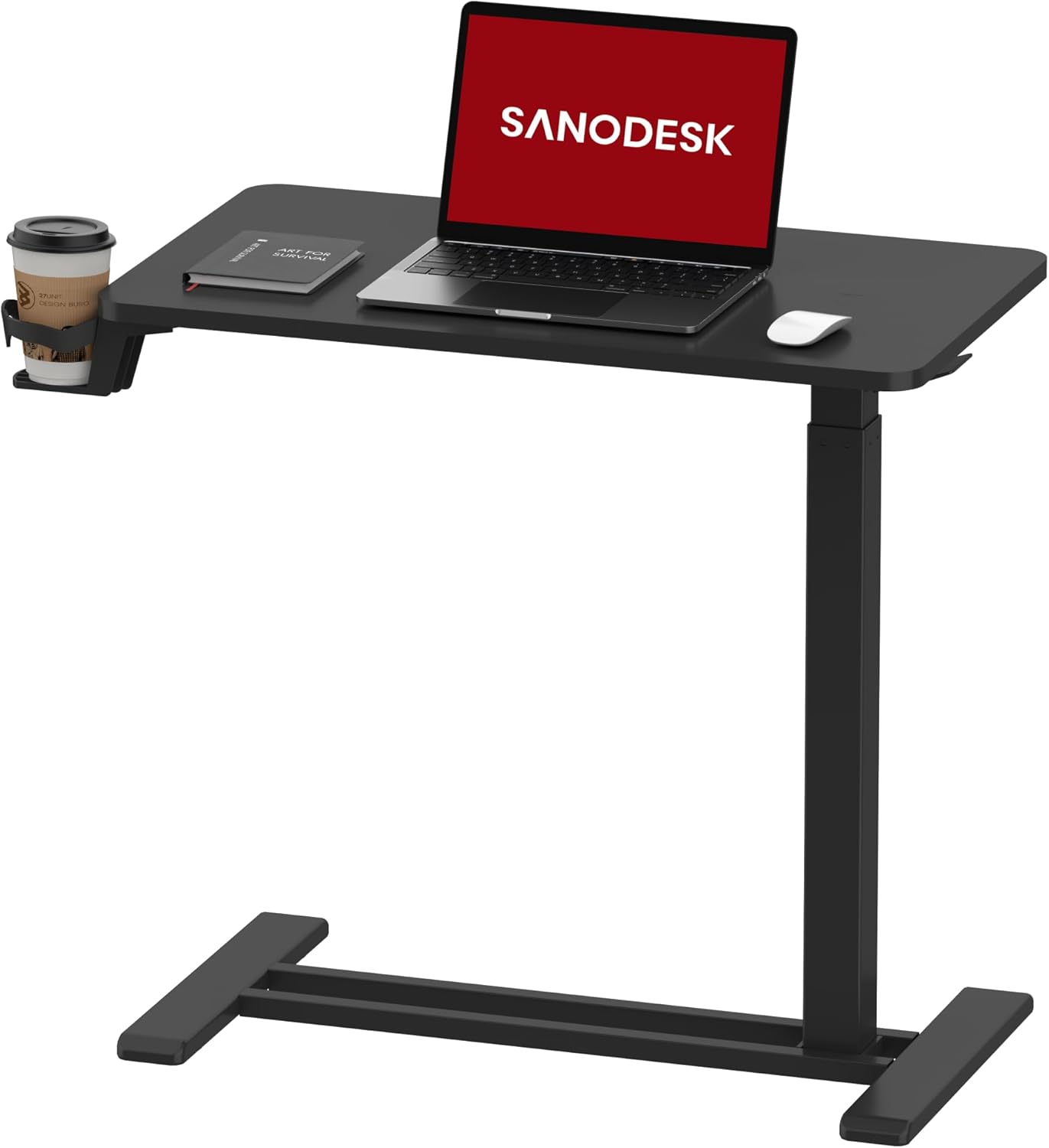 SANODESK Mobile Standing Desk with Hidden Wheels,Pneumatic Laptop Desk Rolling Computer Cart Movable Height Adjustable Small Sit Stand Desk for Home Office(27.6" W x 15.7" D, Black)