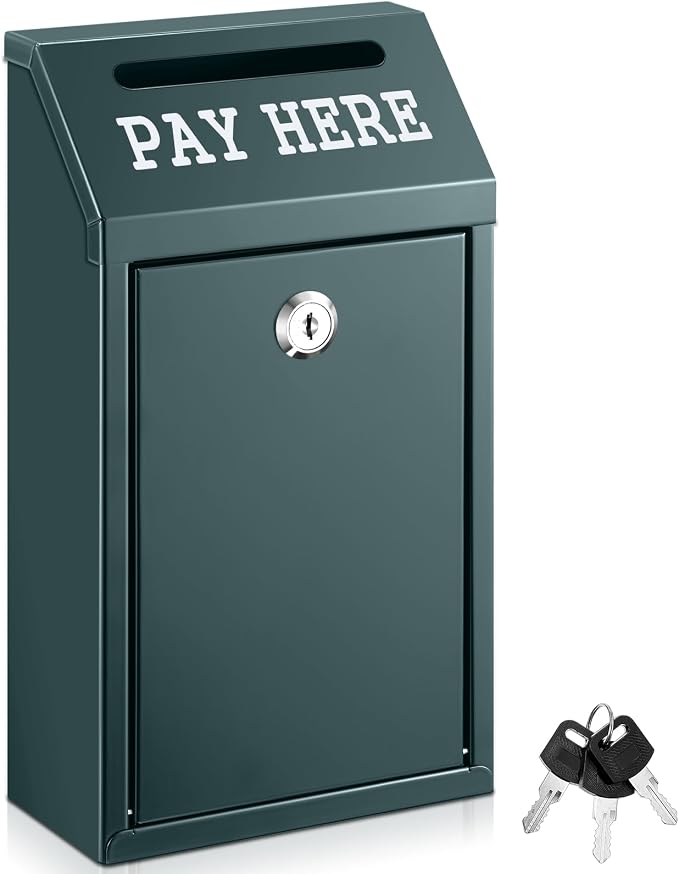 Yaocom Safe Metal Cash Box for Farm Stand – Money Drop and Secure Donation Collection, Wall Mount Lockable Unit with Pre Drilled Holes for Outdoor Self Serve(Dark Green,10.2 x 5.7 x 2.8 Inch)