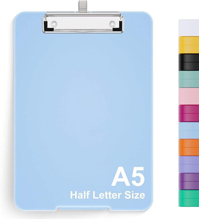 Hongri A5 Clipboard with Storage, Metal Retractable Pen Holder, Blue | 6 x 9'' Nursing Plastic Foldable Clip Board, Size 9.4 x 6.1 x 0.9 in, Menu Box for Work, Office & School Supplies