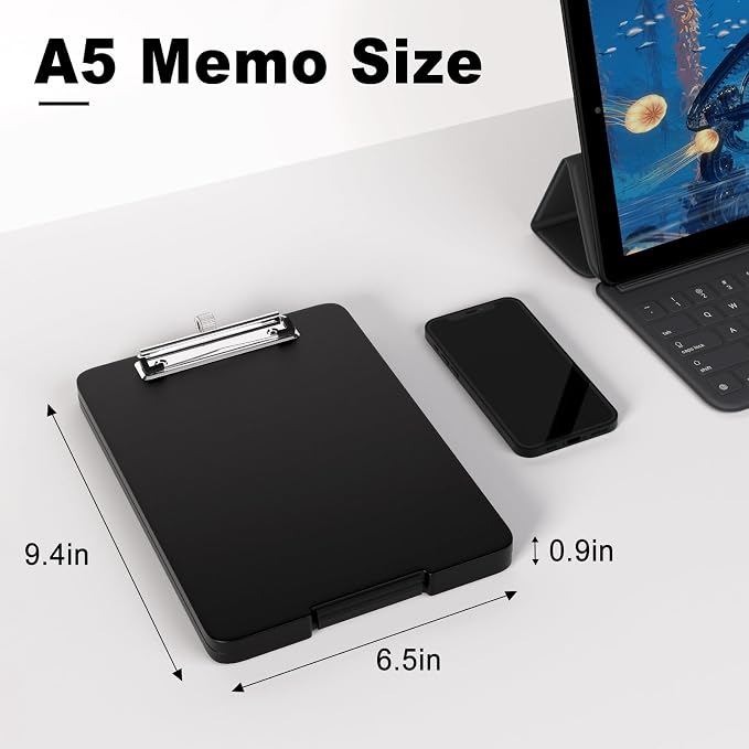 Hongri A5 Clipboard with Storage, Metal Retractable Pen Holder, Black | 6 x 9'' Nursing Plastic Foldable Clip Board, Size 9.4 x 6.1 x 0.9 in, Menu Box for Work, Office & School Supplies