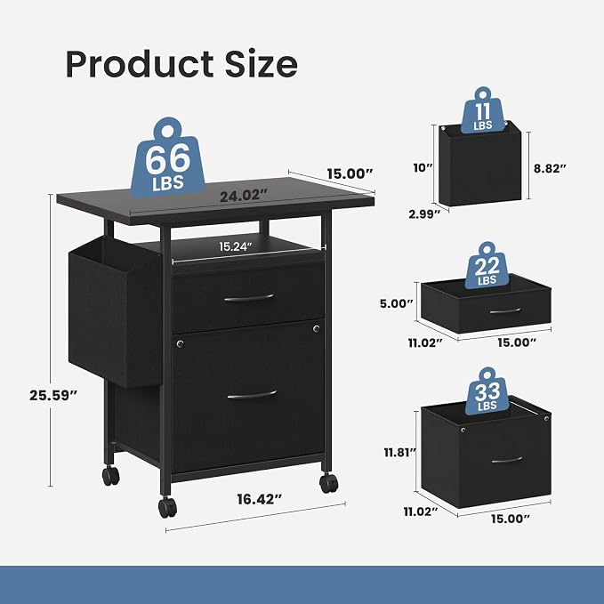 DUMOS 2 Drawer Mobile File Cabinet, Printer Stand with 24'' Wide Desktop | Fabric Drawer Cabinet Under Desk with Storage Side Bag,Rolling Printer Cart Not for Hanging Files for Home Office, Black