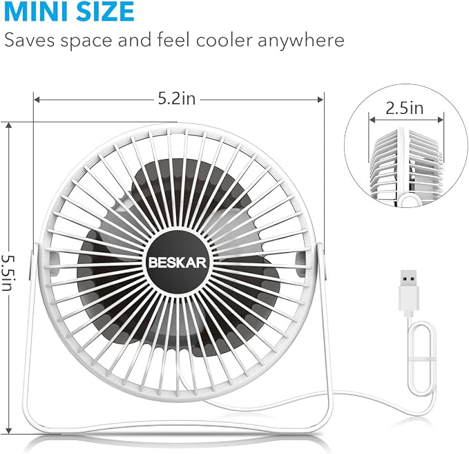 BESKAR USB Small Desk Fan, Portable Table Fans with 3 Speeds Strong Airflow | Quiet Operation and 360°Rotate, Personal Cooling Fan for Home, Office, Bedroom, 3.9 ft Cord