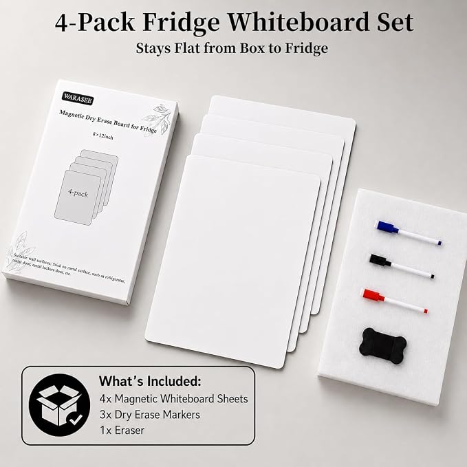 Small Magnetic Whiteboard for Fridge: 4-Pack Keeps Plans Clear | Dry Erase Sheets for Grocery Lists Menus To-Dos & Family Notes - 12" x 8" Organizer Set with 3 Markers & 1 Eraser