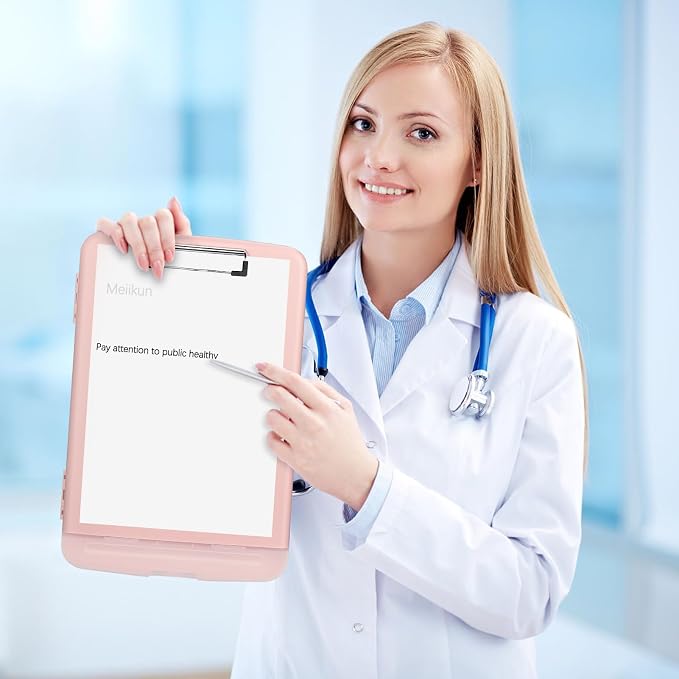 Meiikun Clipboard with Storage, Plastic Clipboards 8.5x11 with Pen Holder, High Capacity Nursing Clipboard Folder, Side Opening Storage Clip Board for Office Work Nurses Teachers (Light Pink)