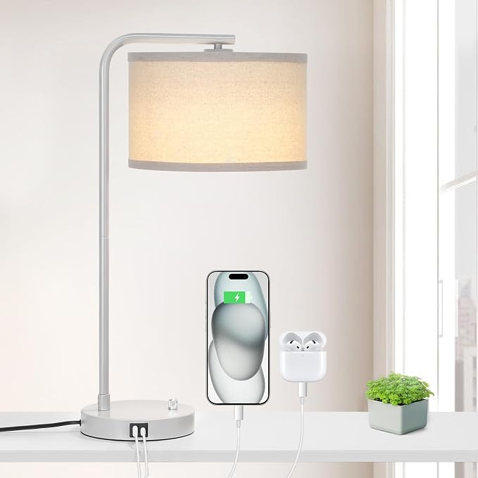 25" Tall Table Lamp with USB C+A Ports, Fully Dimmable Nightstand Lamp | Modern Grey Bedside Lamp with Beige Shade, Minimalist Desk Lamp for Living Room Bedroom Office, LED Bulb Included
