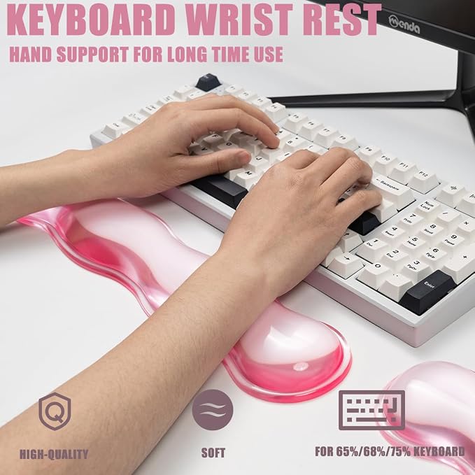 Clear Gel Keyboard Wrist Rest, Pink Silicone Keyboard Wrist Rest, Cute Ergonomic Wrist Rest for Keyboard 60%/75% (Pink-Long)