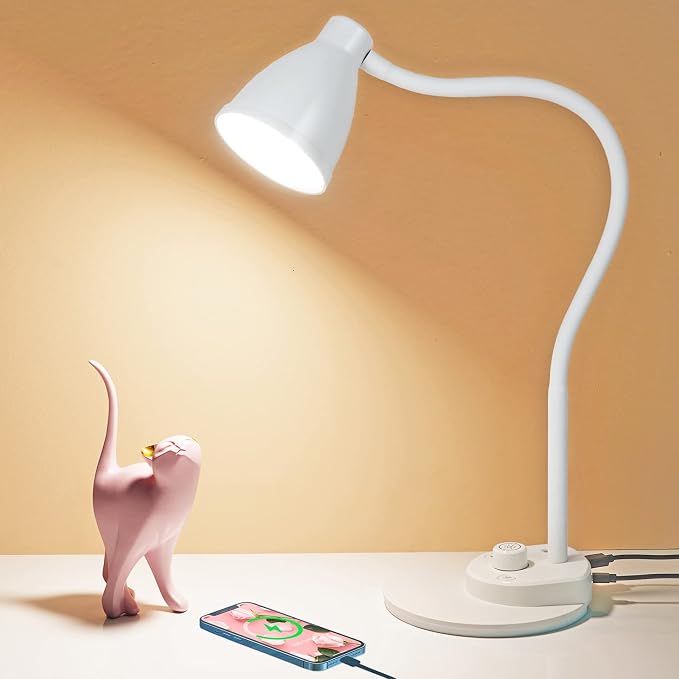 BOHON LED Desk Lamp with USB Charging Port, 3 Color Modes Dimmable, White | Reading Lamp, Auto Dimming Task Lamp, Flexible Neck Table Light for Dorm Bedside, Adapter Include