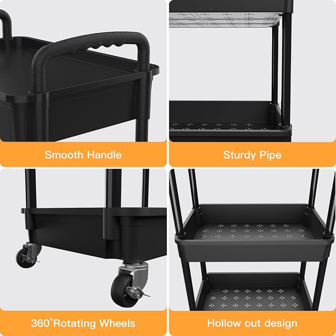 4 Tier Rolling Utility Cart with Drawer,REBECAT Utility Cart Made of Multifunctional Storage Organizer Tool for Kitchen,Bathroom,Living Room,Office(Black)