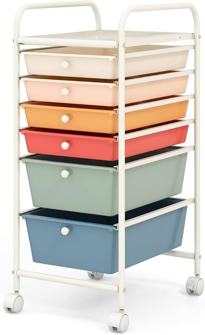 COSTWAY 6-Drawer Rolling Storage Cart, Art Craft Tools Organizer on Wheels | Multifunctional Heavy Duty Utility Mobile Storage Trolley w/ 2 Lockable Wheels for Home Office School (Macaron)