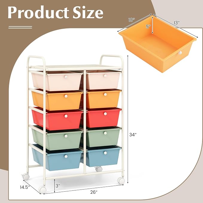 COSTWAY 10 Drawer Rolling Storage Cart, Utility Cart with Lockable Wheels | Mobile Art Supply Craft Organizer with Metal Frame, Multipurpose Drawer Cart for Paper for Office, School, Macaron