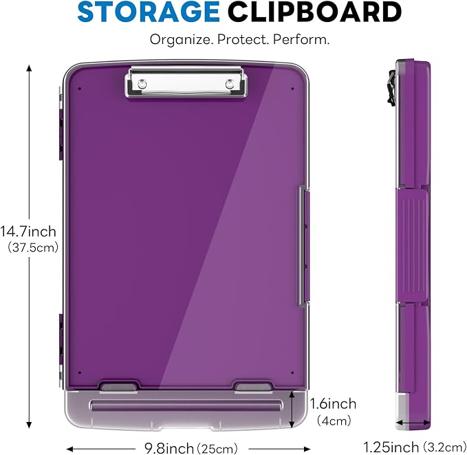 Clipboard with Storage and Pen Holder, Deep Purple 8.5 x 11'' Folder Side Open, Heavy Duty with Dual Compartment, Clear Dry Erase for Coach, Size 14.5 x 9.8 x 1.5'', Office & School Supply