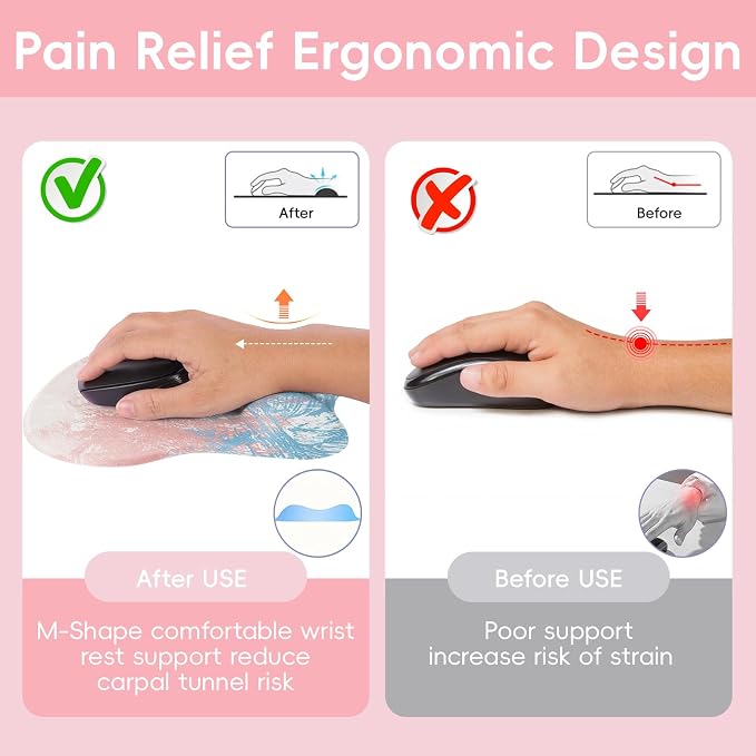 Mouse Pad with Wrist Rest Ergonomic Mouse Pad with Comfortable M-Shape Pain Relief Wrist Support Non-Slip PU Base Mousepad for Laptop, Office & Home (Pretty Pink Painting)