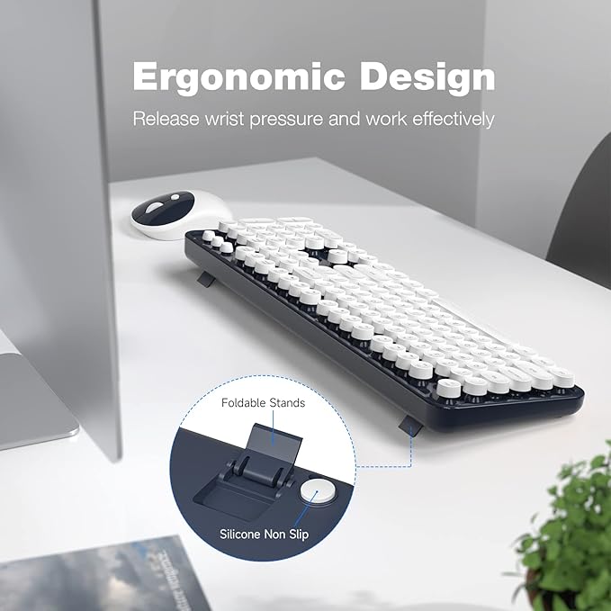 MOFII Wireless Keyboard and Mouse Combo, Computer Full Size 2.4G Plug and Play Wireless Typewriter Retro Round Keyboard and Mouse Set for Windows, Computer, Desktop, PC, Notebook - (Dark Blue)