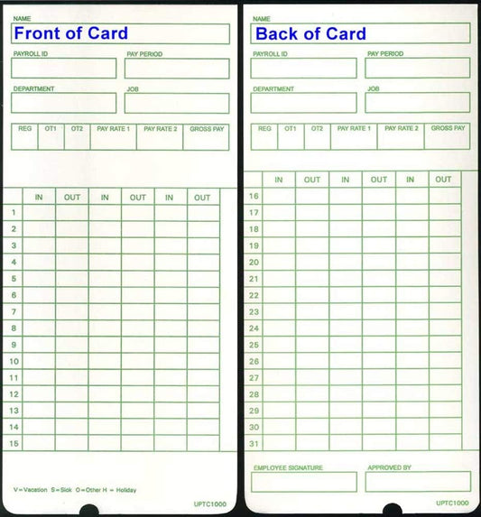 300 Time Cards for uPunch HN3000 AutoAlign Time Clock (uPTC1000-1 fits HN1000, HN1500, HN3000, HN3500, HN3540, UB1000) Non-Calculating Compatible