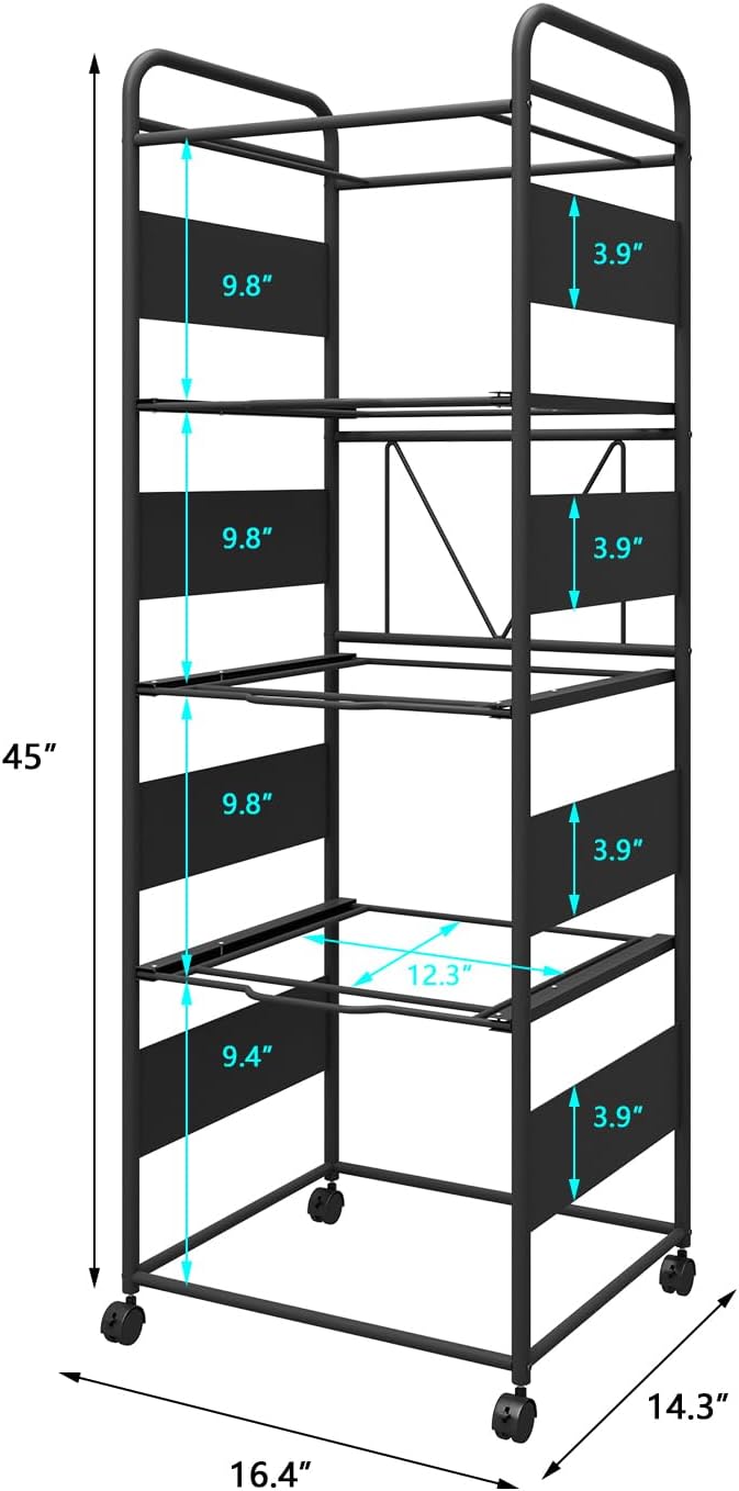 PUNCIA 4-Tier Metal File Cart with Wheels Pull-Out Rolling Folder Organizer | Black Mobile Hanging File Cabinet for Letter Documents Home Office Storage Easy to Move and Access